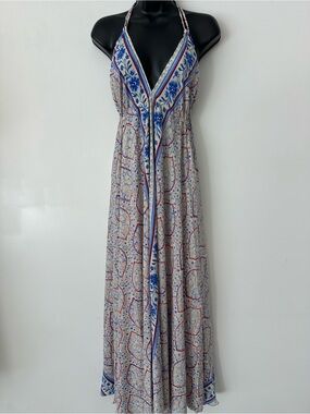 Halter V-Neck Floral Border Maxi Dress in Blue and White